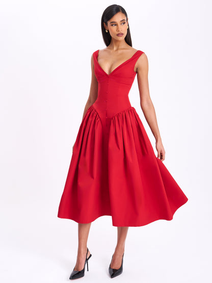 Nahla Red Drop Waist Midi Dress with Buttons - Miss Circle