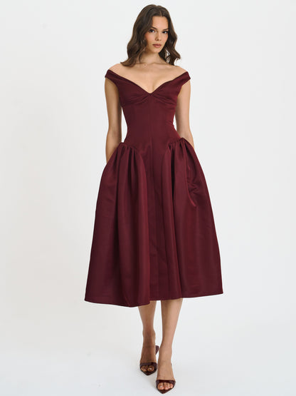 Omella Burgundy Ruched Bust Sweetheart Flared Midi Dress - Miss Circle