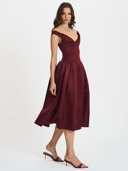 Omella Burgundy Ruched Bust Sweetheart Flared Midi Dress - Miss Circle