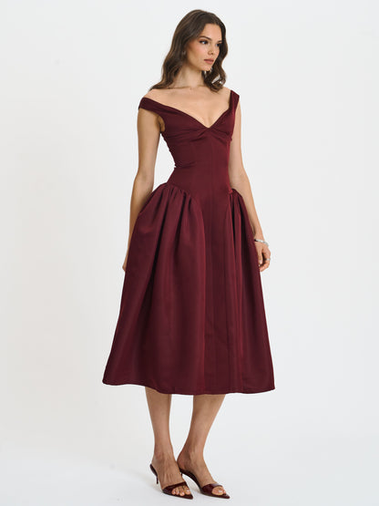 Omella Burgundy Ruched Bust Sweetheart Flared Midi Dress - Miss Circle