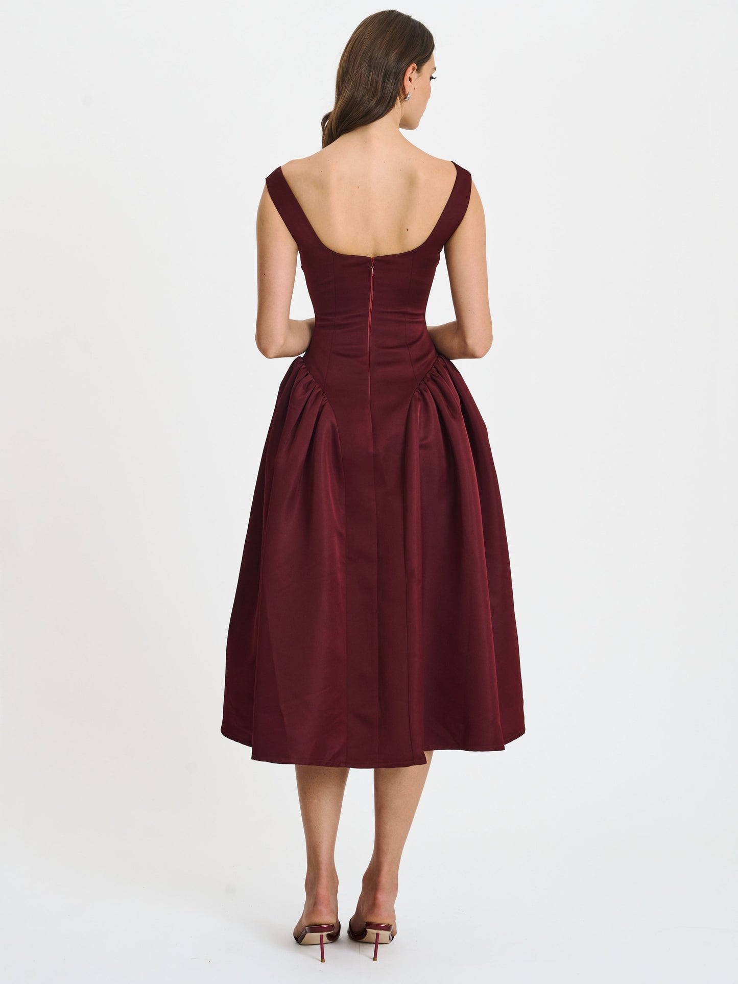 Omella Burgundy Ruched Bust Sweetheart Flared Midi Dress - Miss Circle