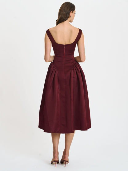 Omella Burgundy Ruched Bust Sweetheart Flared Midi Dress - Miss Circle