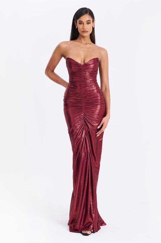 Sable Ruched Burgundy Glitter Mermaid Gown - Miss Circle